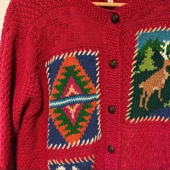 Vintage hand knitted red green cardigan sweater by Susan Bristol large - Picture 8 of 8